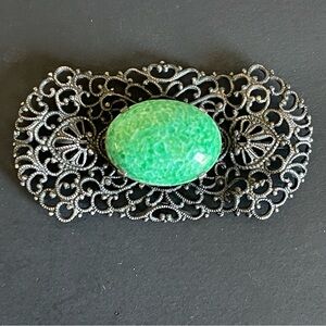 Antique black silver tone Filigree green cabochon Peking glass Brooch.